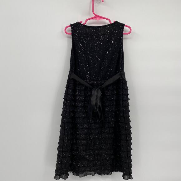 Justice Sleeveless Tank Dress Black Sequin Ruffles Fit & Flare Tie Back size 8 - Picture 5 of 6